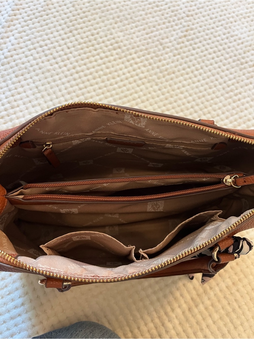 Anne Klein Cognac Pebbled Leather Purse with Floral Scarf and Cross Body Strap - Picture 7 of 7